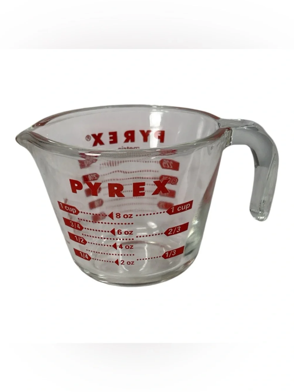 Vintage Pyrex Glass Measuring Cup Red Lettering Open J Handle 1 Cup 8 oz 250 ml
